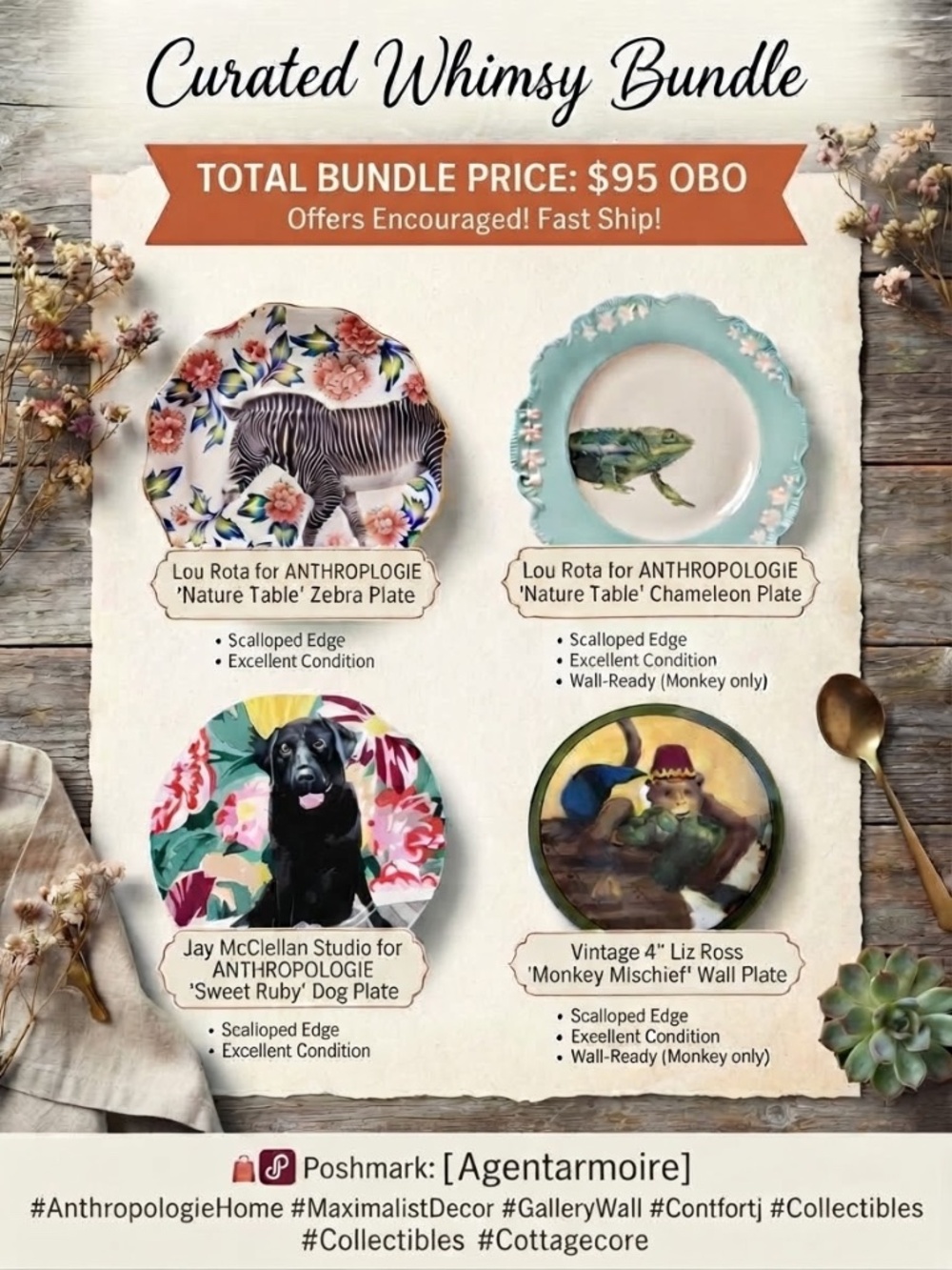 Anthropologie Animal Plates Bundle + Vintage Liz Ross Monkey Plate